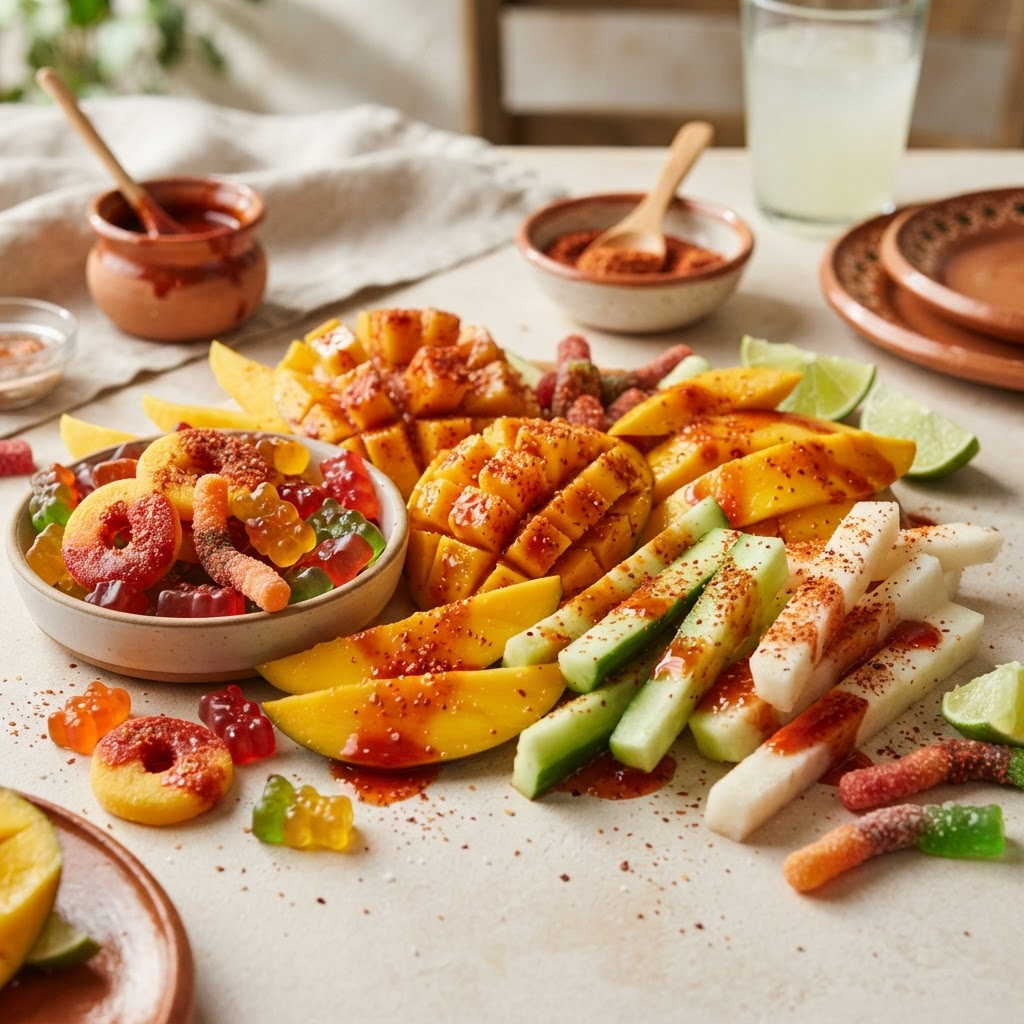 Ingredientes frescos de Dulce Picante: mango, pepino y dulces enchilados para barra de snacks